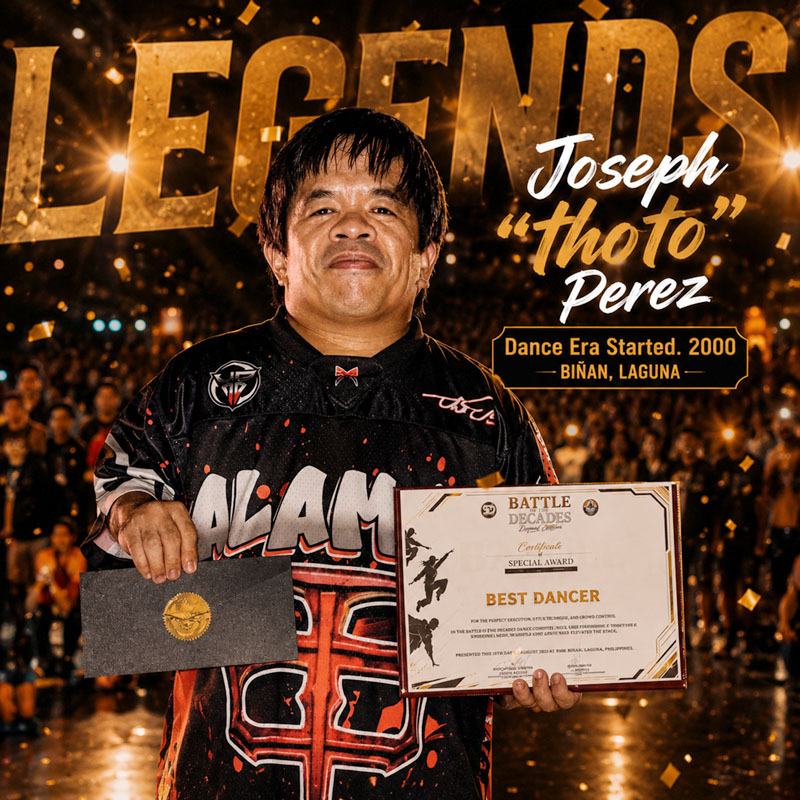 <h1>WALL OF LEGENDS</h1>
<h2>Joseph "thoto" Perez</h2>
<h3>DANCE ERA Started 2000</h3>
<h3>BIÑAN, LAGUNA</h3>

<p>
Choreographer
</p>
<p>
Dance intructor for zumba, field demo, modern dance, and cheer dance
</p>
<p>
Legendary Dancer of South Laguna
</p>

<hr>
<p>
Prince Joseph "Thoto" Perez, better known simply as Thoto, hails from Biñan City, Laguna. He is recognized as one of the "Old Gods (OGs)" of THE ONE, a title earned through years of dedication, leadership, and outstanding contributions to the street dance community. As one of the group's respected leaders, Thoto has played a vital role in building and preserving the legacy, brotherhood, and excellence that define THE ONE.
</p>
<hr>
<p>
Widely respected as a dance choreographer and dance instructor, Thoto has devoted his life to developing dancers, nurturing talent, and inspiring the next generation through his creativity, discipline, and passion. His choreography is known for its originality, precision, musicality, and powerful storytelling, while his mentorship has helped countless dancers discover confidence, teamwork, and artistic expression.
</p>

<hr>

<p>
Throughout his career, Thoto has remained committed to promoting dance not only as a form of entertainment but also as a way of life that teaches discipline, respect, perseverance, and unity. His leadership extends beyond performances, as he continues to guide young dancers with humility, patience, and an unwavering commitment to the growth of the dance community.
</p>

<hr>

<p>
His exceptional talent has also earned national recognition through appearances on Philippine television, showcasing the passion and artistry of South Laguna's dance scene to audiences across the country.
</p>

<hr>

<h2>Television Appearances</h2>

<hr>

<p>
Talentadong Pinoy – TV5
</p>
<p>
It's Showtime – ABS-CBN (2 appearances)
</p>
<p>
Show Ko 'To – QTV 11 (Semi-Finalist)
</p>

<hr>
<h2>Wall of Legends Mission</h2>

<p>
To inspire and empower dancers by sharing knowledge, creativity, and experience while promoting discipline, humility, respect, teamwork, and excellence. Through mentorship and leadership, Joseph "Thoto" Perez strives to preserve the rich culture of street dance and encourage future generations to pursue their passion with integrity and purpose.
</p>

<hr>
<h2>Wall of Legends Vision</h2>

<p>
To build a united and thriving dance community where every dancer is given the opportunity to grow, express their creativity, and carry forward the legacy of South Laguna. Joseph envisions a future in which dance continues to inspire lives, strengthen communities, and unite generations through passion, respect, and excellence.
</p>

<hr>
<h2>Wall of Legends Legacy</h2>

<p>
Prince Joseph "Thoto" Perez represents the true spirit of a dance legend. As one of the Old Gods (OGs) of THE ONE, a respected leader, choreographer, instructor, and mentor, his influence extends far beyond the stage. His legacy is measured not only by his achievements and television appearances but by the countless dancers he has inspired, guided, and empowered. Through his humility, dedication, and unwavering love for dance, he continues to shape the future of South Laguna's dance culture while honoring the legacy of those who came before him.
</p>

<hr>

<p>
"A champion wins trophies, but a legend builds generations. Prince Joseph 'Thoto' Perez continues to inspire, lead, and preserve the legacy of dance for those who follow."
</p>